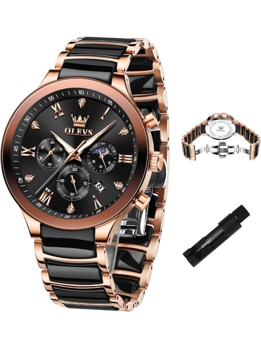 Luxury Men's Ceramic Chronograph Watch - Waterproof, Luminous, Moon Phase